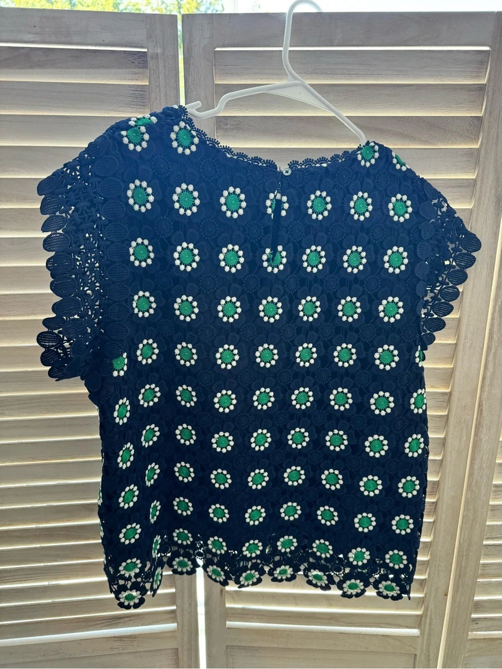 J. Crew Navy Crochet Floral Eyelet Blouse with Green & White Flowers
